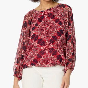 NWT Tommy Hilfiger Long Sleeve Blouse Sky Captain Multi Red Navy XS